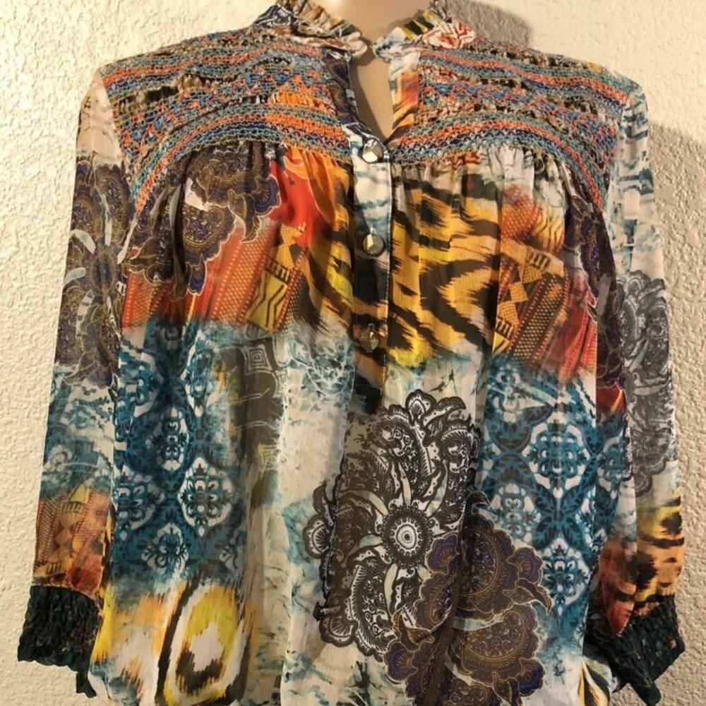 V Cristina High K-hole neck Women Sz S Blouse 3/4 Cuff Sleeve Various pattern